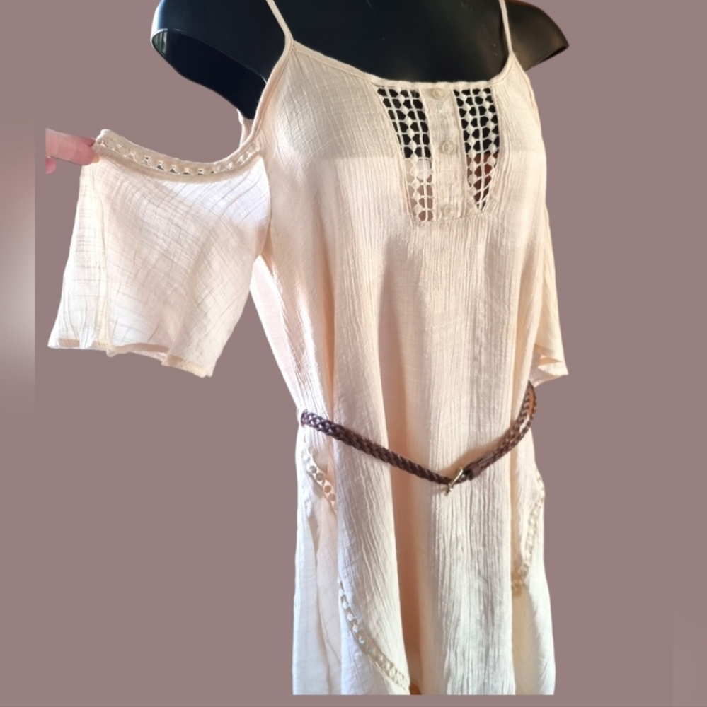 Guess Cream Cold Shoulder Braided Belted Dress